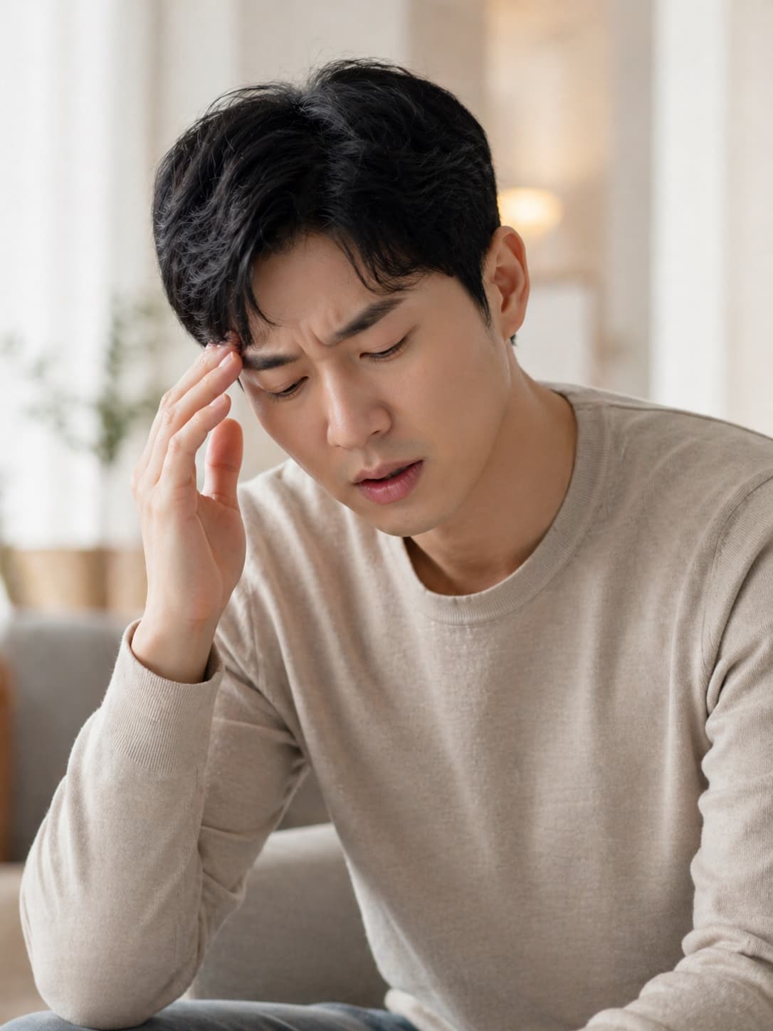 어지럼증과 귀 불편으로 관자놀이를 짚고 있는 남성