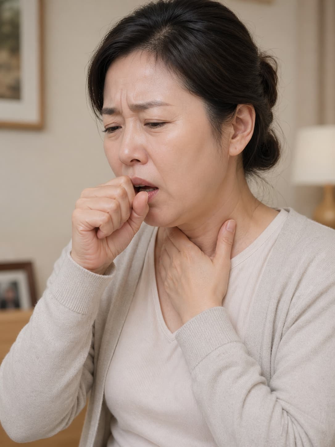 목 불편감으로 목을 짚고 기침하는 여성